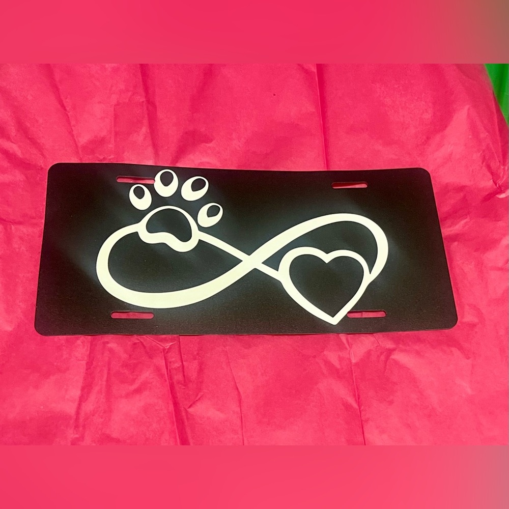 New! Dog License Plate black and White Infinite Paw Love